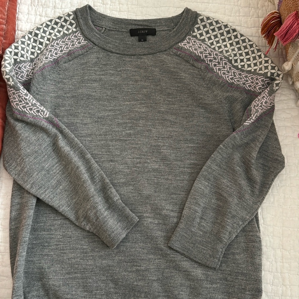 J CREW Tippi Gray Embroidered Shoulder Merino Wool Crew Neck Sweater